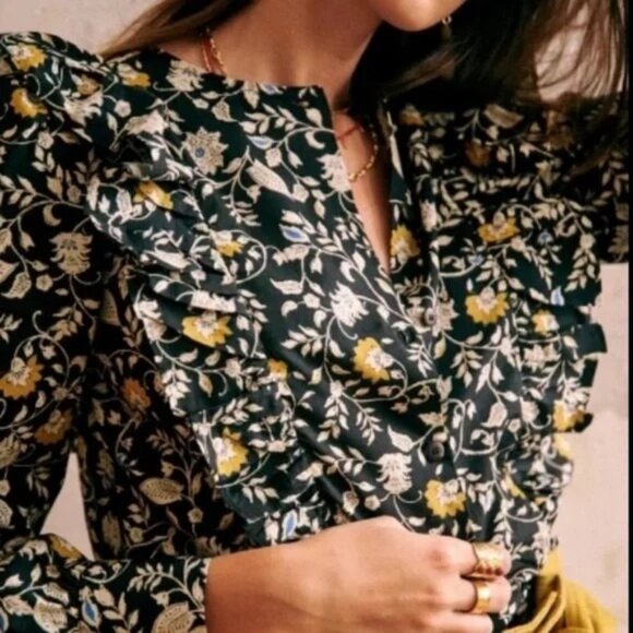 Sezane Tops - Sézane Roby Blouse Shirt Floral Printed Button Front Black Ruffle Top 34